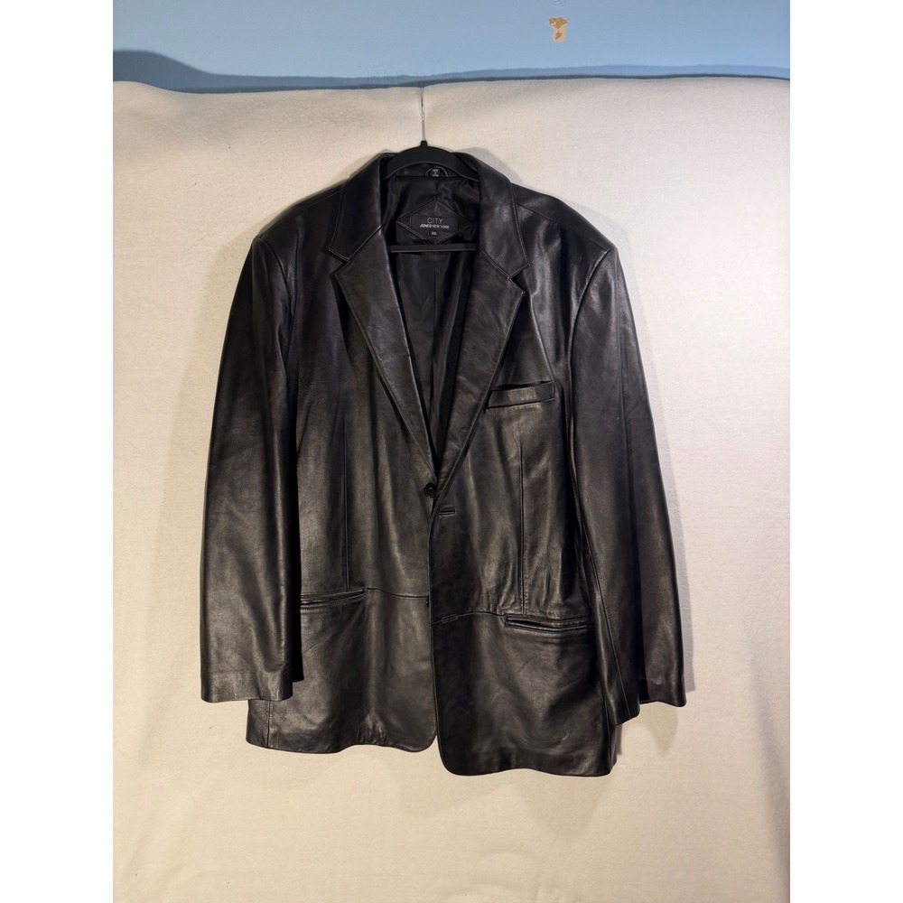 City Jones New York Black Genuine Leather Blazer Jacket Mens 46L Two Button Coat